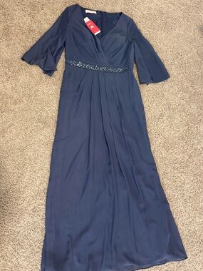 JJs House Stormy Blue Chiffon V-Neck Evening Gown with Beaded Waist